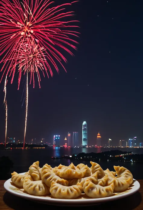 中国crescent shaped dumplings, 桌上一盘crescent shaped dumplings，crescent shaped dumplings,Fireworks outside the window light up the sky,Chinese New Year Festival, (auspicious, Red),(traditional, culture),(Pleasant, festive)