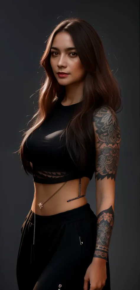 a woman com tatuagens on her arms and chest posing for a picture, tattoo sleeve on her right arm, fotografia de uma mulher techw...