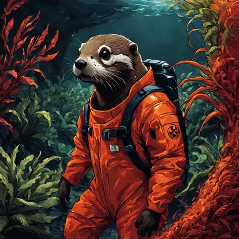 brho, otter in a bright orange-red biohazard suit, lurking around a toxic zone full of mutated plants