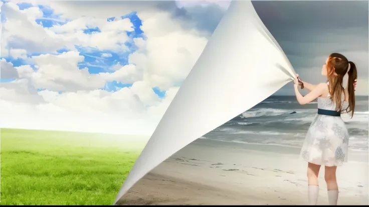 there is a girl holding a sheet on the beach, scenic background, banner comercial, paisagem fotorrealista, 3D parallax vision effect, Background atmospheric effects, in a scenic background, photo - manipulation, amazing contrasting background, Foto-imagem ...