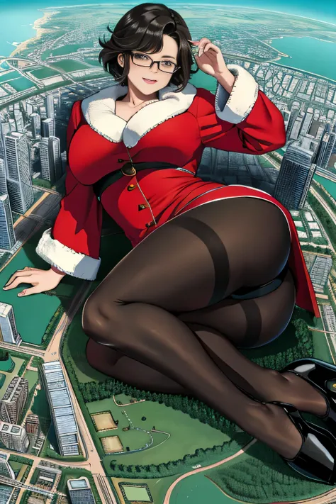 Bird View, der riese art, 非常に詳細なder rieseショット, der riese, Shorthair, Giant woman bigger than a skyscraper, Wearing rimless glasses, Colossal tits, Big ass, Red Santa Dresses, Black pantyhose, Her shoes are high heels and stiletto red sandals., very small m...