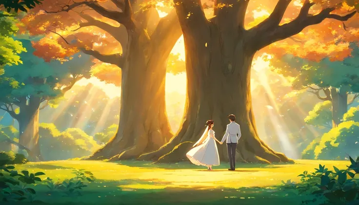 a serene shot of the bride and groom standing beneath a majestic tree in the park, with the golden hour light casting a warm glow on them, creating a magical and ethereal ambiance