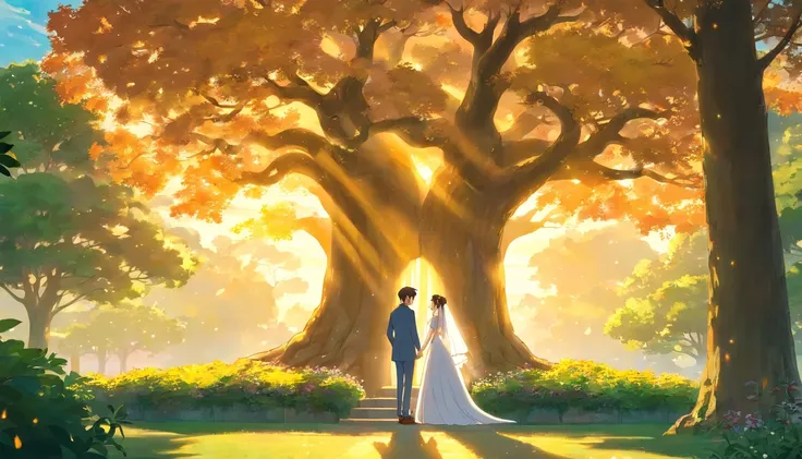 a serene shot of the bride and groom standing beneath a majestic tree in the park, with the golden hour light casting a warm glow on them, creating a magical and ethereal ambiance