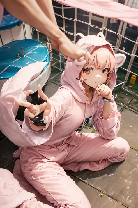 ((worst quality, low-quality)), ((a closeup)), (10years old girl), A pink-haired, (ふわふわ🐰着ぐるみパジャマ:1.4), (Open pajamas:1.2), (White pajamas:1.4), Animal Hoodie, (Hood Up:1.under the hoodie, Bear ears, oversized hoodie, (ウサギのan legsの手袋を着用:1.3), an legs, Five ...