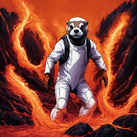 brho, Otter in a white Heatzone suit, lurking around in a heat zone full of heat lava and wavering orange air