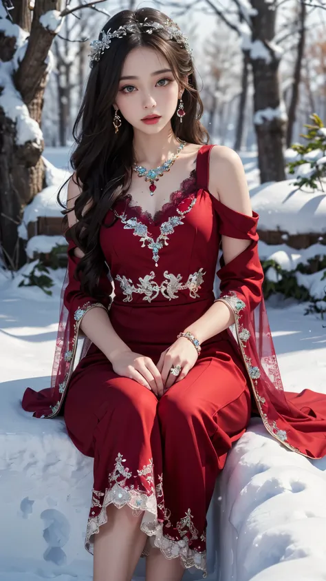 8k, masterpiece, 1 girl, beautiful face, very long hair, light makeup, detailed eyes, detailed lips, small bust, winter dress, red dress, (wearing jewellery:1.5), (lace:1.4), ((snow falling)), sitting,