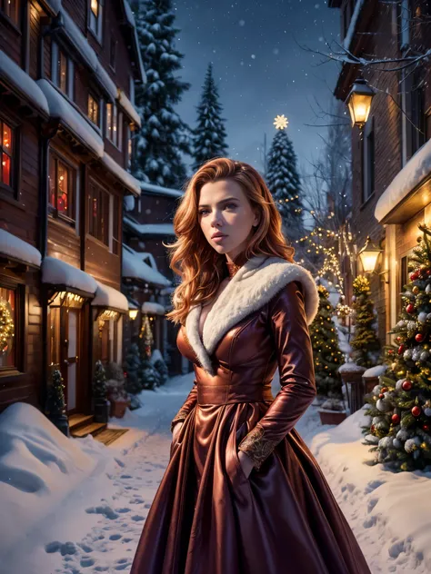 a woman (Scarlett Johansson) wearing a satin christmas dress, fur bolero, copper hair, winter, whimsical, intricate brush strokes, beautiful lighting, intricate details, Unreal Engine, creative, expressive, detailed, colorful, digital art, unique, snowy ch...