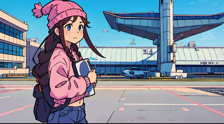 (top-quality:0.8), (top-quality:0.8), perfect anime illustration, airport, Pink carry case, Leaning on the carry case, View your phone, full bodyesbian, Braids, A dark-haired, knit hat,  Navel Fashion, Korea