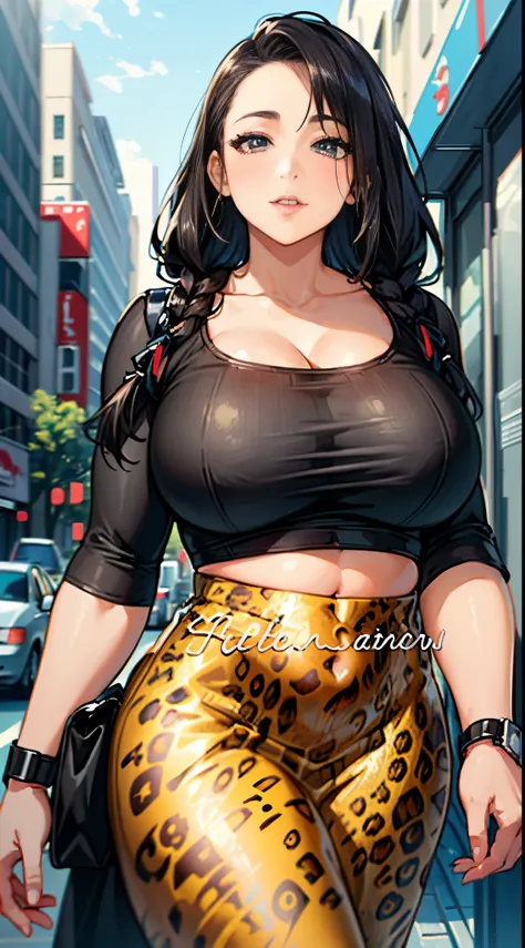 a woman in a leopard print skirt and black top, she has a jiggly fat round belly, wearing a sexy cropped top, black top, woman m...