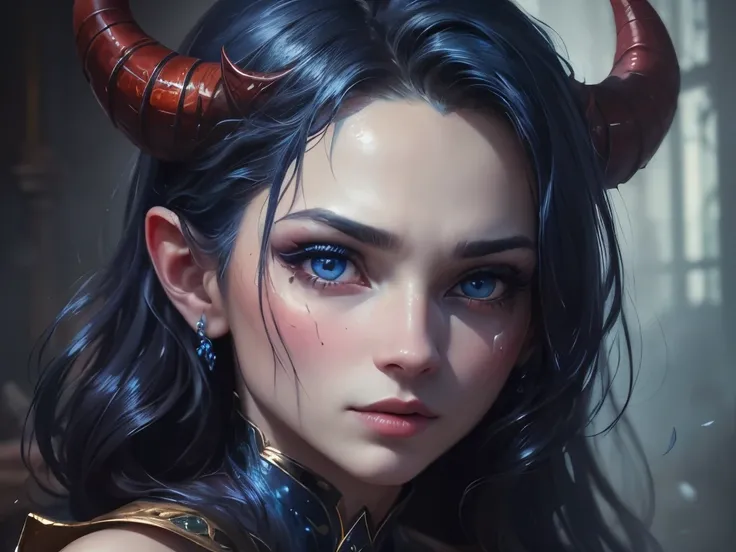 (best quality,4k,highres,masterpiece:1.2),ultra-detailed,realistic:1.37,medium:oil painting,portrait,blue skin(Devil girl),beautiful detailed eyes,beautiful detailed