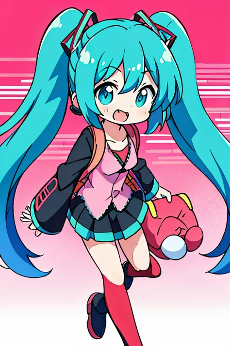 miku hatsune、(masutepiece, Best Quality, hight resolution:1.4), Wallpaper, Full body, 1girl in, Long hair, (Blue hair:1.0), (Black hair:1.0), multicolored hair, Gradient Hair, large full breasts, anime girl with blue hair and a backpack running, hatsune mi...