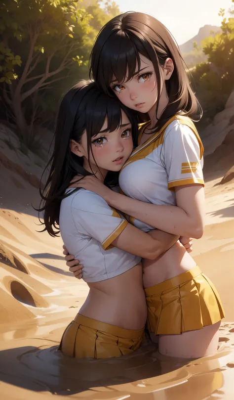 2girls, multiple girls, natural lighting, masterpiece, highly detailed, illustration, game CG, absurdres, high quality, hug, glossy lips, looking at viewer, cheerleader, midriff, (crying:1.2), (quicksand:1.4)