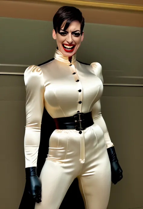 closeup shot, (muscular and angry evil frowning dominatrix anne hathaway showing her clinched teeth in anger with closed mouth and flared nostrils and furrowed brows:1.4) in a (closed satin skintight silk buttoned mandarin collar catsuit with large shoulde...