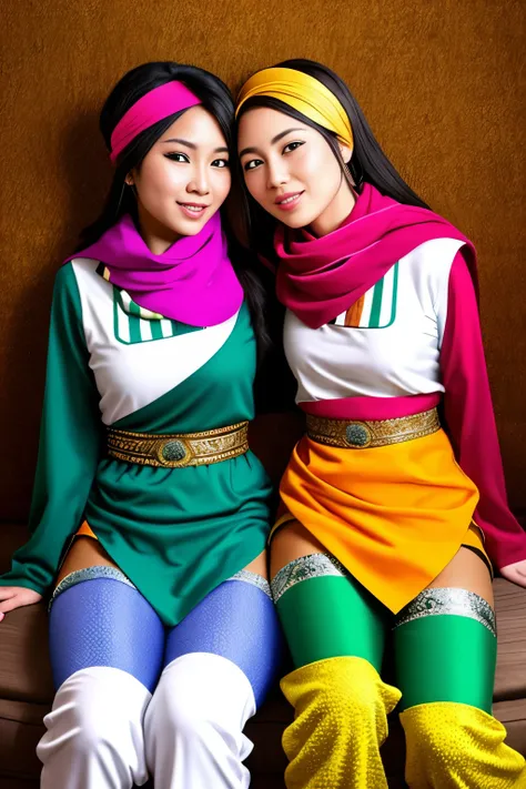 two female oen soldiers with colorful trousers, vests, scarves, and headgear, sitting,big eyes,dynamic pose,magical wonderland,fantastical background,along with traditional Ottoman armor and weapons. there have just two soldiers and they are looking streig...