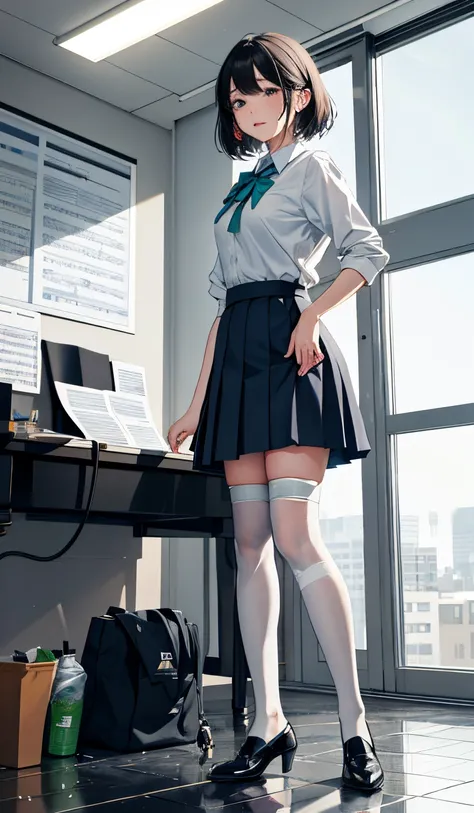 A girl leaks urine，Look away，are standing，Green-eyed，尴尬女孩self-expression：，Photo of office girl clerk standing near desk，A piano，self-expression，accident，Office room，Inside the room，The stands up，（（urine flow）），（water puddles），pee stain，skirt，湿skirt子，wet fu...