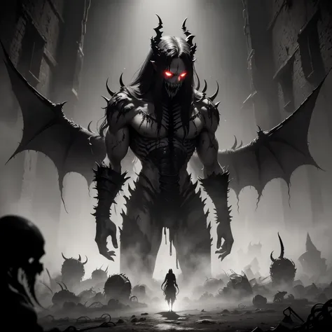 crie uma imagem que represente um ser verdadeiramente maligno, with strong physical demon traits, chained in a dark dungeon dungeon environment. Este ser, an aberration known as &#39;Manic Eye Behemoth&#39;, is a colossal entity with crazed eyes, full of s...