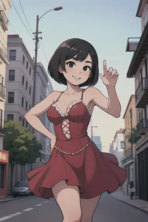 1 girl, Teenage, Black hair, Short black hair, Medium Hair, Bob Hair, Black eyes, Flamenco Dresses, Flamenco dancer, Smile, the city street, Sexy, masterpiece, High quality.