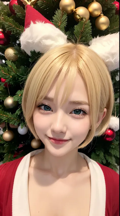 she is cosplaying santa claus、blonde short-cut hair、a smile、green eyes、christmas background、