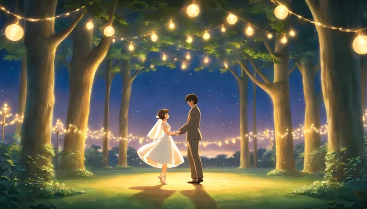 a romantic shot of the bride and groom sharing a dance together in a secluded clearing in the park, with twinkling fairy lights suspended above them, creating a magical and intimate atmosphere