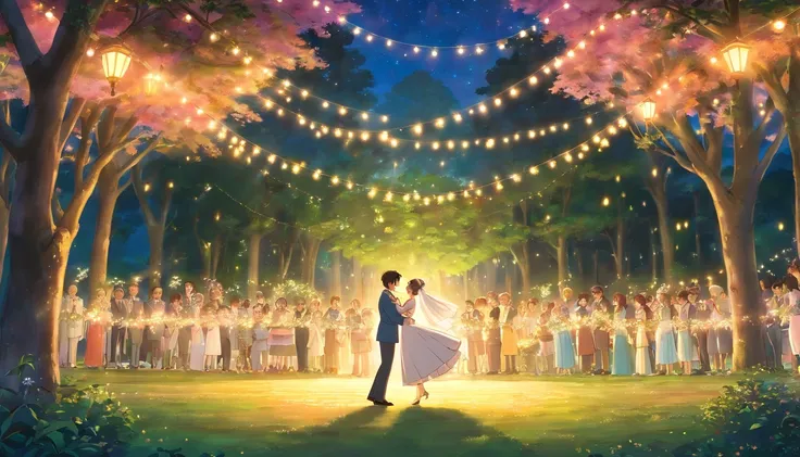 a romantic shot of the bride and groom sharing a dance together in a secluded clearing in the park, with twinkling fairy lights suspended above them, creating a magical and intimate atmosphere