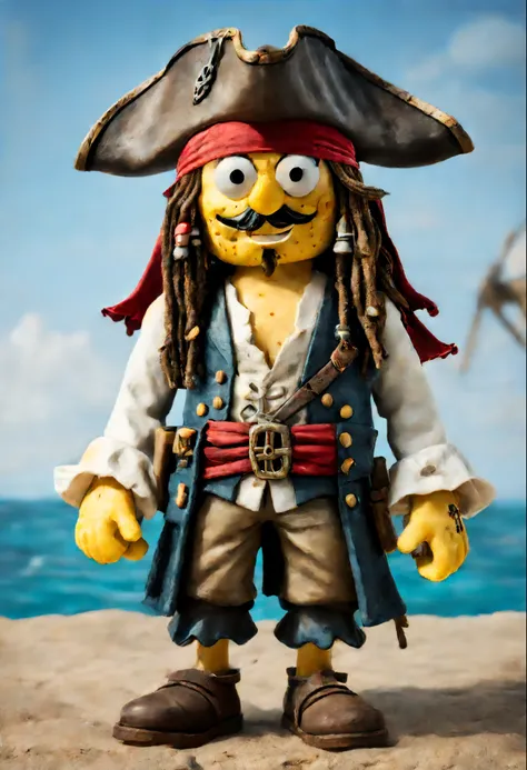 SpongeBob in an ultra-quality representation, wearing clothes and adopting the style inspired by Jack Sparrow, from Pirates of the Caribbean. The background is simple, but the image is rich in detail and quality. Studio lighting enhances each character tra...