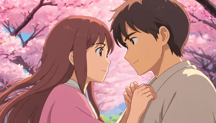 a close-up shot of the couple’s intertwined fingers against a backdrop of pink cherry blossoms, symbolizing their love and the delicate beauty of their relationship