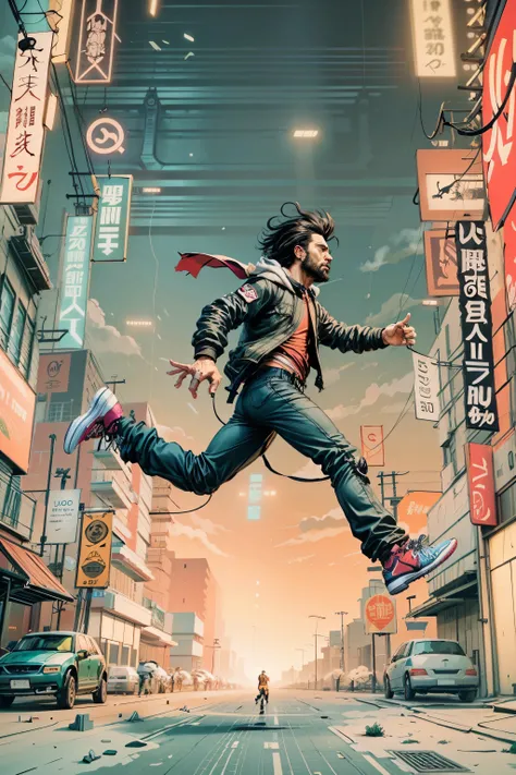 Poster of a man running in the air, Inspired by Jeremy Chong, trending on artstation, retrofuturism, Wear NIKE AIR JORDANS, Liendegger style section, Steve Jobs is Hokage, Cyberpunk Jesus Christ, James Jeans color palette, Hoverboard, In the style of Lauri...