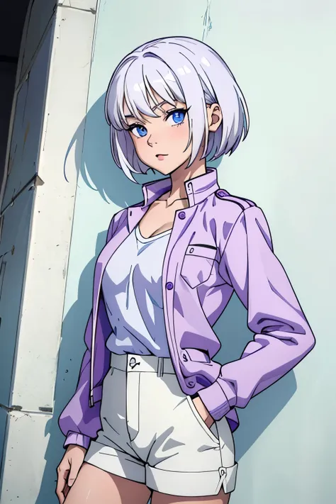 cute girl, Short white hair, beautiful blue eyes, white shirt, underneath a purple shirt, and on the white shirt the number 99 in a circle, She puts her hands in her pockets, Purple jacket under the white shirt, black shorts, Medium sized breasts, She lean...