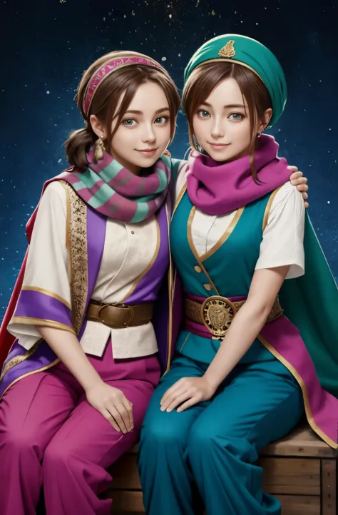 two female oen soldiers with colorful robes, sitting,dynamic pose,big eyes,trousers, vests, scarves, and headgear,magical wonderland,fantastic background, along with traditional Ottoman armor and weapons. there have just two soldiers and they are looking s...