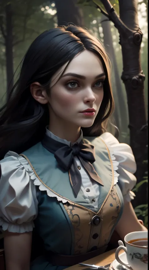 photo of Keira Knightley, RAW, beautiful woman, ((portrait)), ((detailed face:1.2)), ((detailed facial feature, detailed skin, clear skin), (perfect proportioned body), ((wearing American McGees Alice in Wonderland outfit, surrounded by knifes)), sitting f...