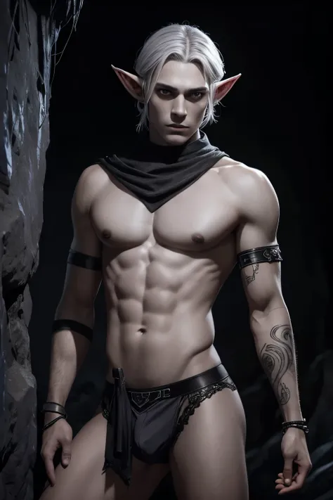 handsome drow elf teenager wearing jockstrap with dagger on left hip, very short hair, pointy ears, gray skin, deep cavern background with spiders