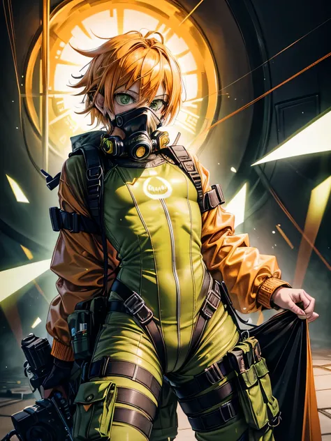 1_person,genderless,(orange_punk_rock_hair),lime_green_eyes,wearing gas mask with breathing tubes,black utility_belt,knee_pads,heavy_duty,(baggy orange radiation_bodysuit),splashes of lime_green liquid,(best quality,4k,8k,highres,masterpiece:1.2,ultra-deta...