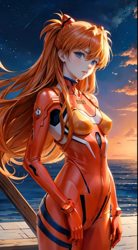 (tmasterpiece, quality, Best quality at best, offcial art, Beautiful and beautiful:1.2)Soryu Asuka Langley, Long orange hair，Shin Evangelion，tightsuit