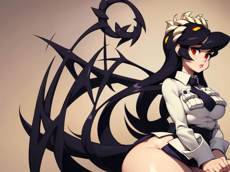 Filia, long hair, large and expressive eyes, feminine lips, big breasts, big buttocks, wide hips, small waist, sensual body, anatomically correct body, big thighs, feminine hands, very detailed image, anatomically correct hands, white shirt, tiny black tie...