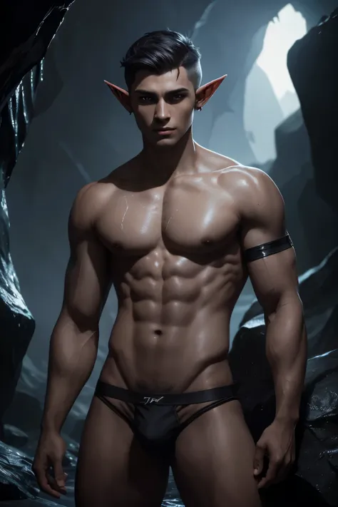 handsome drow elf teenager wearing jockstrap, very short hair with undercut, pointy ears, gray skin, wet cavern background with spiders