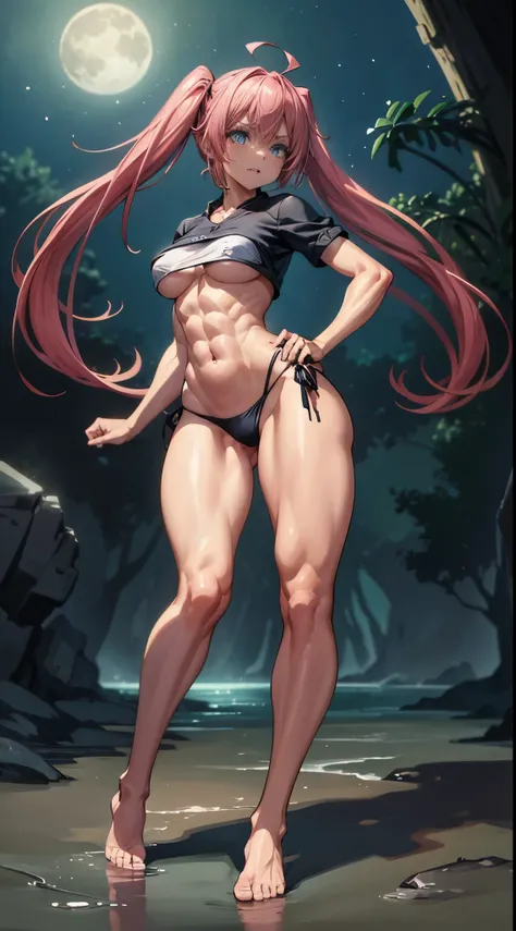 1 girl, (medium breasts))), (((wearing short bikini))), (long pink hair), (((blue eyes))), thin arms, (on the beach at night with starry sky and a full moon of blood), (slim waist), (((muscular legs))), muscular belly, bare feet, (((showing me your big ass...