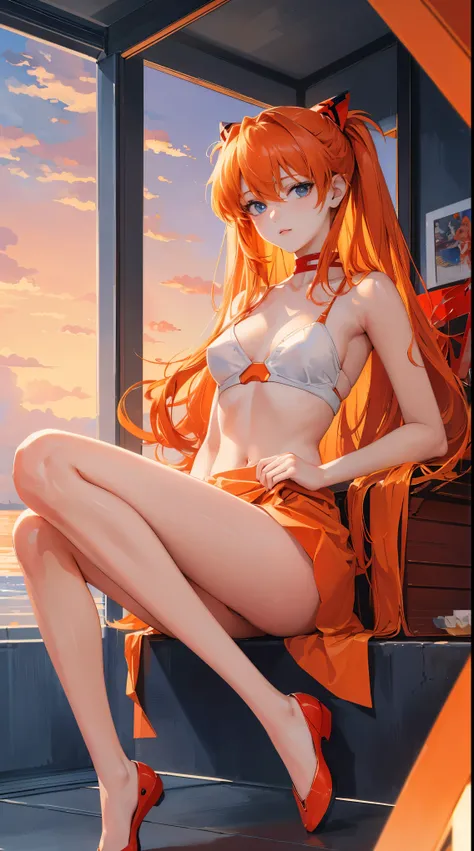 (tmasterpiece, quality, Best quality at best, offcial art, Beautiful and beautiful:1.2)Soryu Asuka Langley, Long orange hair，Shin Evangelion，Sit down position，one-girl