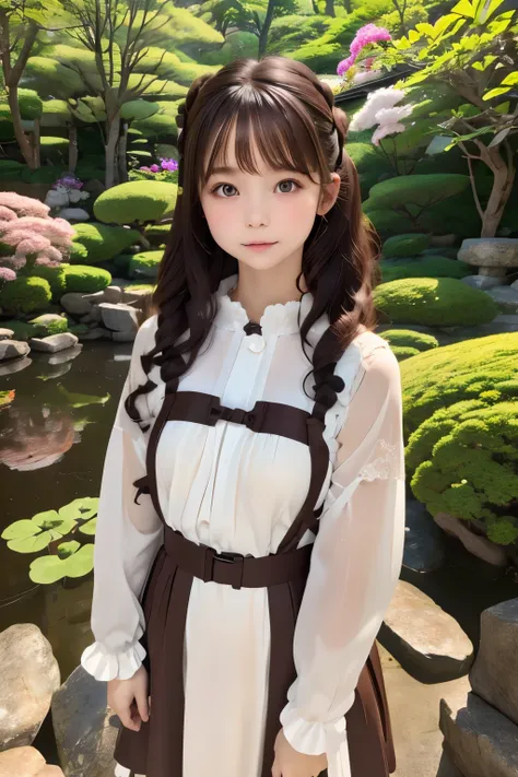 Dark brown curly white girl, Twin-tailed、Cute little girl s、、natural tone clothes、Japanese garden、top-quality、ultra-detailliert、masuter piece、portlate、８ｋ、Professional Photographer、