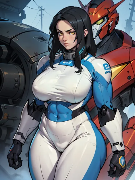 sad girl (((muscular girl large breasts thick toned body mecha suit))) pale skin black hair yellow eyes sad thin waist long abs leggings bodysuit (((muscular girl large breasts thick toned body mecha suit)))