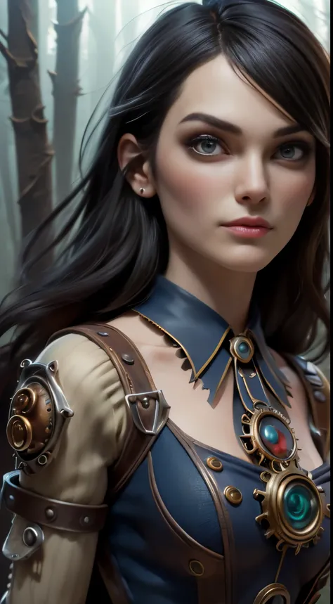 photo of Keira Knightley, RAW, beautiful woman, ((portrait)), ((detailed face:1.2)), ((detailed facial feature, detailed skin, clear skin), (perfect proportioned body), ((wearing American McGees Alice in Wonderland steampunk outfit)), (high detailed giant ...