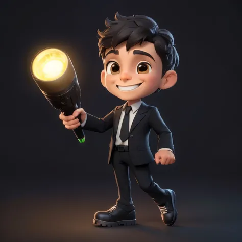 cartoon businessman holding a flashlight and flashlight in his hand, toon render keyshot, 3 d render stylized, Personagem pequeno. Motor Unreal 5, bonito 3 d render, 3 d render arte do caractere 8 k, 3d rendering stylized, 3 d character render, Personagem ...