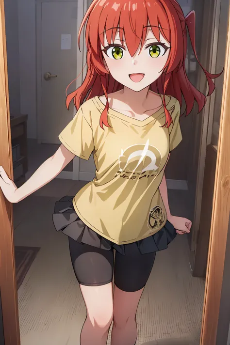 Room, 1 girl, best quality, ultra high res, long hair, red hair, green eyes, looking at viewers, small breast, standing, pov, slim body, loli body, small body, smile, open mouth, yellow shirt, short sleeves, bike shorts,