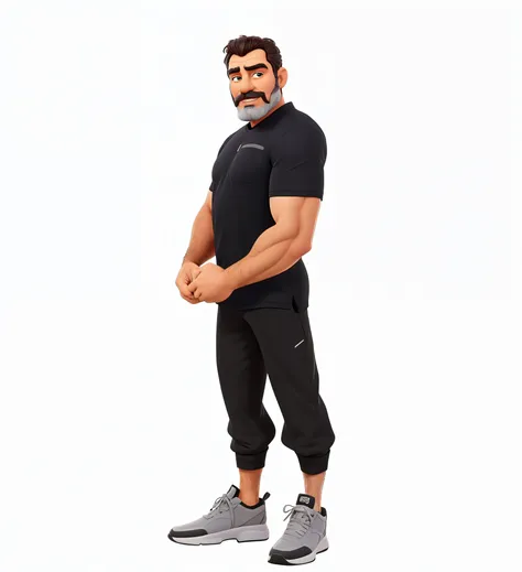 There is a man with a beard and a black shirt posing for a photo, Foto de corpo inteiro de Steve, corpo inteiro of standing tom selleck, imagem de corpo inteiro, Greg Rutkowski de corpo inteiro, postura poderosa, ele tem cerca de 60 anos, ele tem cerca de ...