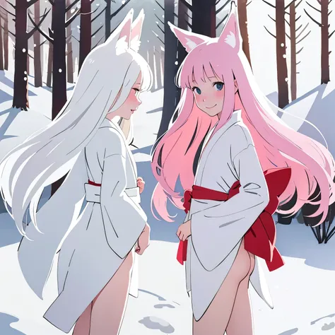 (masterpiece:1.2, best quality), closeup, 2girls, child, loli, petite, slim, flat chest, white long hair, (white fox ears), (white kimono), walk the winter forest, from behind, naked bottom, no panties, smile, laugh, fun, blush, winter, snow, winter forest...