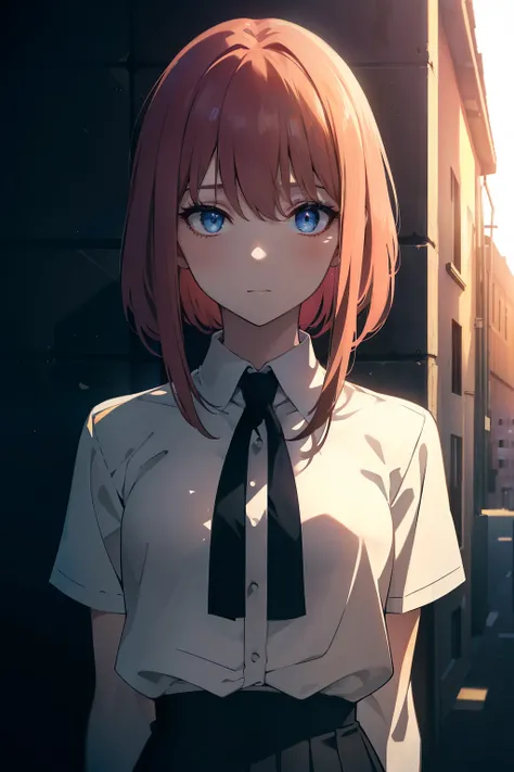 (((​masterpiece, best qualtiy, 超A high resolution))), 1girl in, Standing, School uniform, white office shirt, Black pleated skirt, ((light brown hair:0.7)), Long haircut, pale skin, ((blue Eyes)), blazing_Eyes, neon Eyes, (((ultra detailed Eyes, beautiful ...