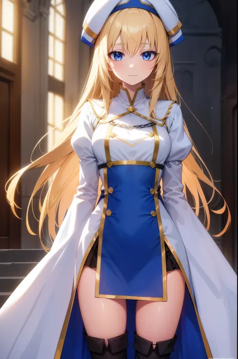 priestess, priestess, blonde hair, blue eyes, long hair, hair between eyes, (small breast:1.0), smile, break boots, dress, frill...