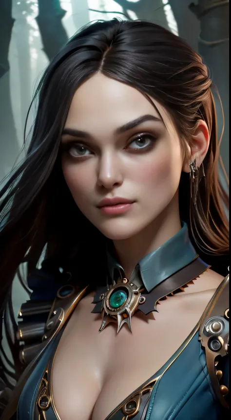 photo of Keira Knightley, RAW, beautiful woman, ((portrait)), ((detailed face:1.2)), ((detailed facial feature, detailed skin, clear skin), (perfect proportioned body), cleavage, ((wearing a revealing American McGees Alice in Wonderland steampunk dress)), ...