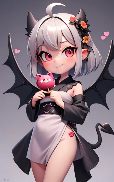 Pixar, 1girl in, Devilish appearance, (short silver hair:1.5), Eyes are red, Reaching out:1.5, blush, (Ahoge:1.2), eyes gentle, (A smile:1.2), Hair Bow, (Black devil wings and tail grow:1.3), Black sheep horns grow, (black furisode:1.5), (Floral hair ornam...