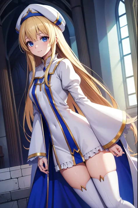 priestess, priestess, blonde hair, blue eyes, long hair, hair between eyes, (small breast:1.0), smile, break boots, dress, frill...