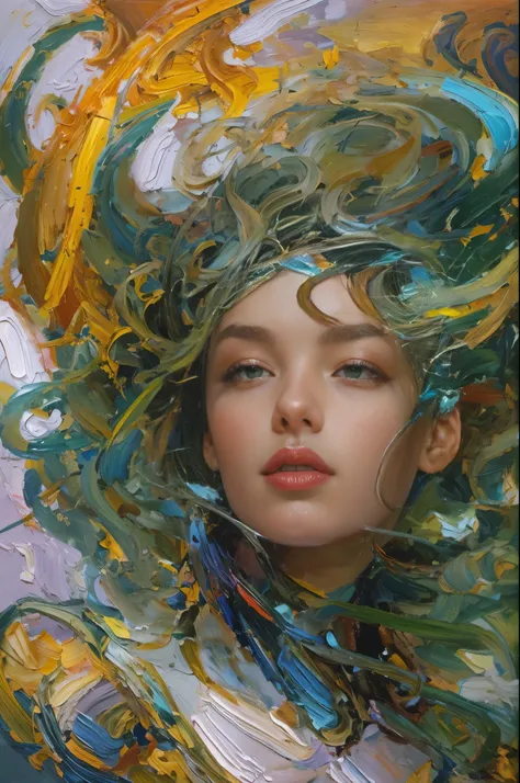 ModelShoot style, (Extremely detailed Cg Unity 8K wallpaper), A chaotic storm of intricate liquid smoke in the head, Stylized abstract portrait close-up of beautiful girl, Extremely colorful,Oil paints，acrycle painting，tmasterpiece，Renaissance style，best q...